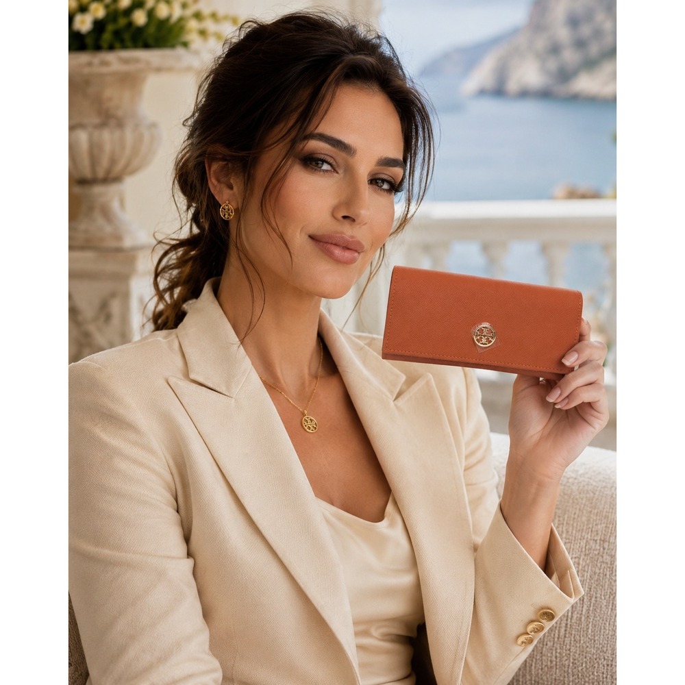 Tory Burch Robinson Eyeglass Case Burnt Orange Saffiano Leather Gold Logo
